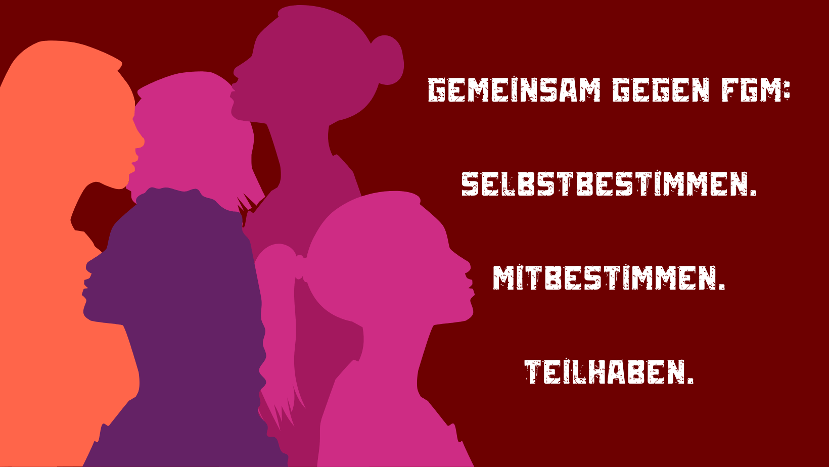 Gemeinsam gegen FGM: Selbstbestimmen. Mitbestimmen. Teilhaben. Grafik: Umrisse mehrerer Köpfe von Frauen